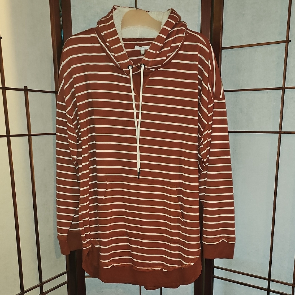 Maurices Striped Hooded Pullover Sweatshirt - Rust & Cream, Sherpa Lined Hood